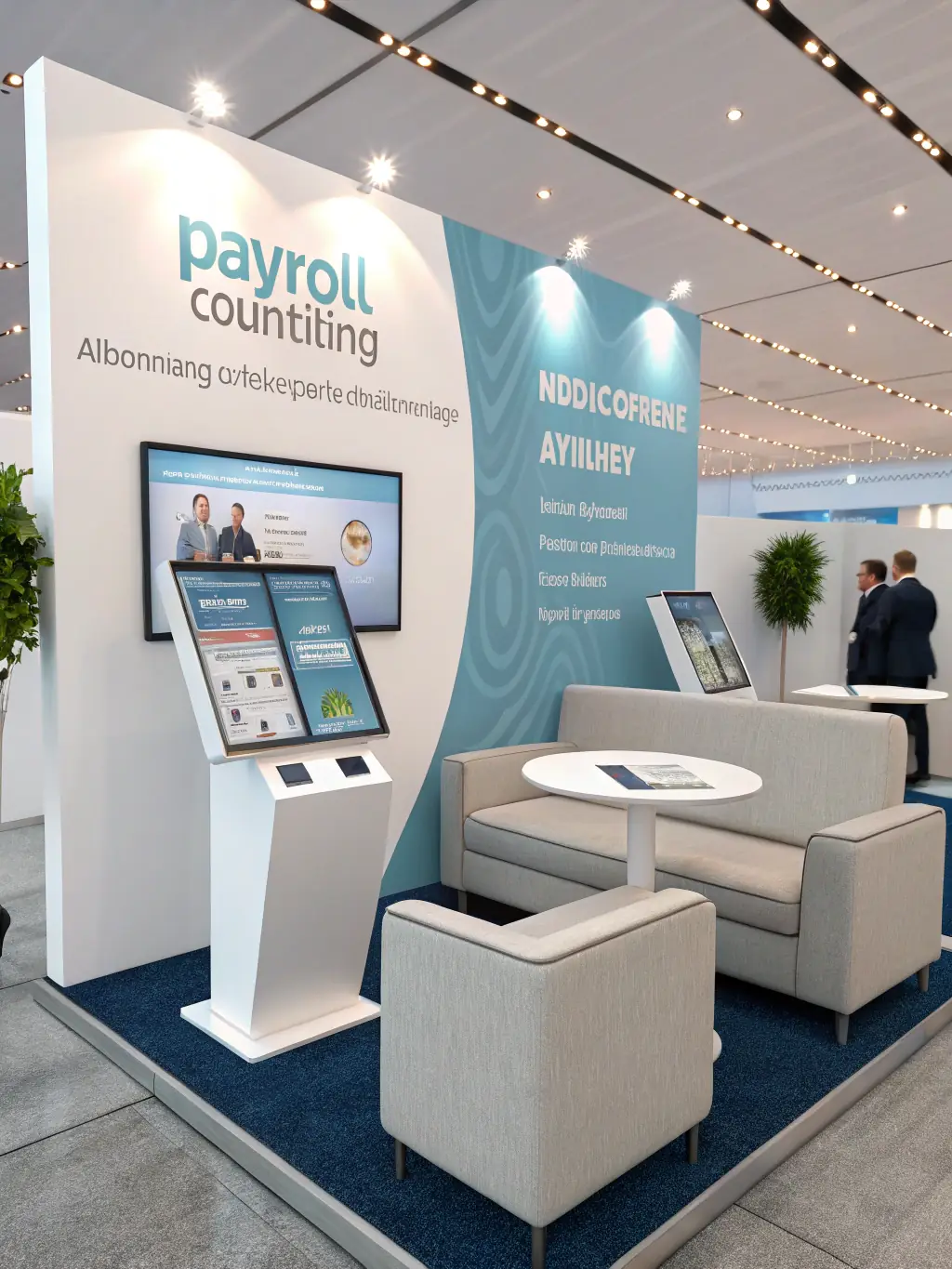 A vibrant and well-managed conference booth showcasing a client's product, with Redline Consultants staff engaging with attendees.
