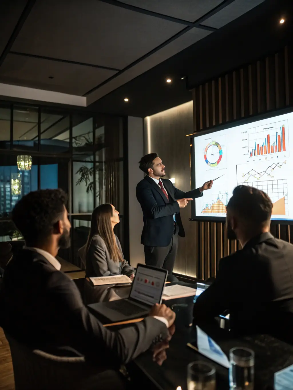 A consultant confidently presenting at a major industry conference, with the Redline Consultants logo subtly displayed on the presentation screen.