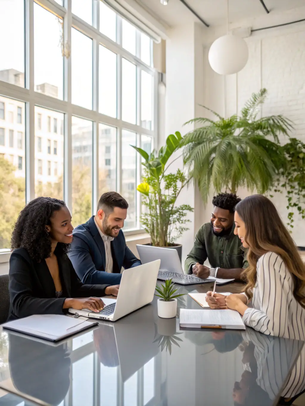 A diverse team of Redline Consultants strategizing in a modern office, brainstorming innovative approaches for client representation.
