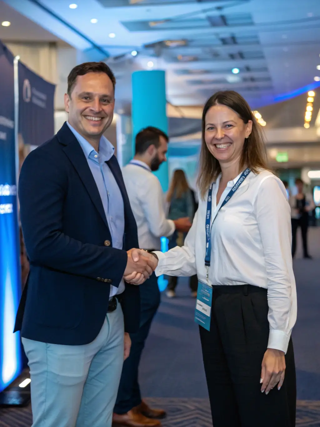 A consultant from Redline Consultants is shown networking with industry leaders at a conference, effectively advocating for a client's brand and making valuable connections.